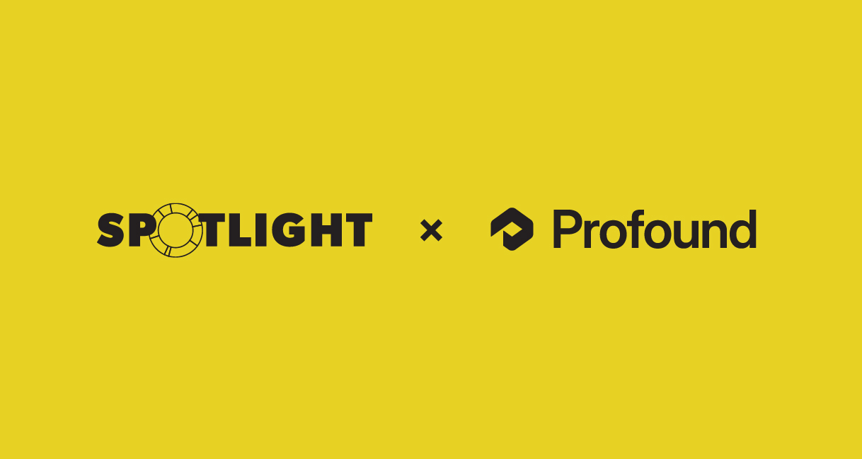 Black text logos for Spotlight and Profound separated by an 'x' on a bright yellow background. Spotlight's 'O' is styled as a segmented circle.